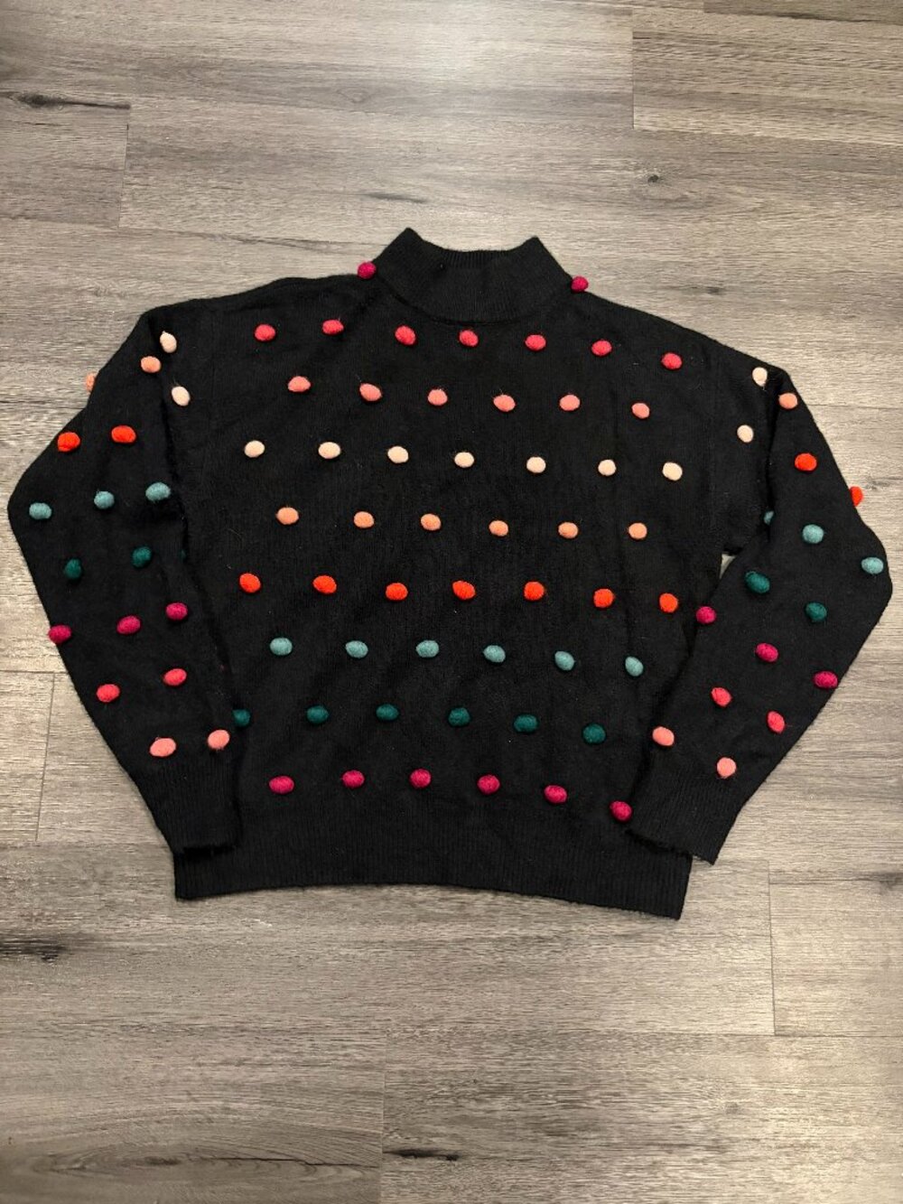 CeCe black rainbow pom pom embellished sweater size M